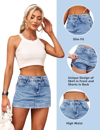 Denim Skort for Women High Waist Mini Denim Skirt Casual Stretch Women Jean Skirt with Pockets