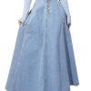 Women's Retro High Waisted Button Fly Flared Long Jean Skirts Pleated Flowy Swing A-line Denim Maxi Skirts