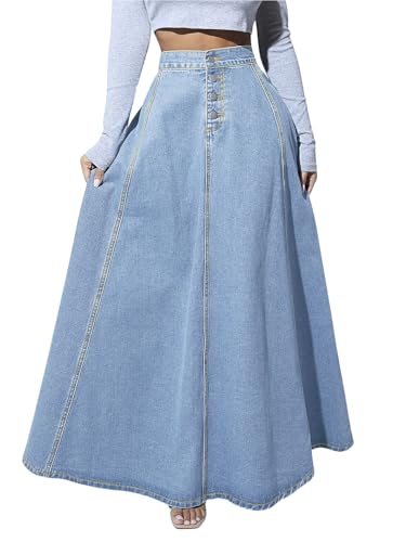 Women's Retro High Waisted Button Fly Flared Long Jean Skirts Pleated Flowy Swing A-line Denim Maxi Skirts