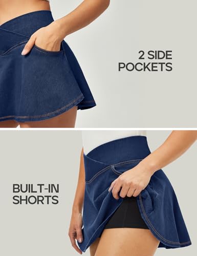 Stretchy Denim Skort V-Waist Jean Skort with Pockets High Waisted Mini Jean Skirt with Shorts Underneath