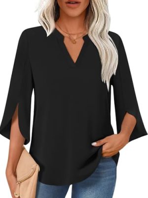 Women Blouses Dressy Casual 3/4 Sleeve Tops Business Work Chiffon Office V Neck Shirts M-3XL