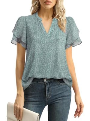 Womens Dressy Chiffon Blouses Summer Puff Petal Short Sleeve Shirts V Neck Casual Work Tops