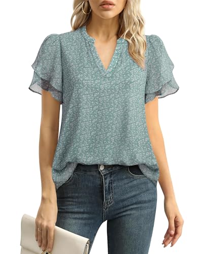41oQsyG0gL.jpg Womens Dressy Chiffon Blouses Summer Puff Petal Short Sleeve Shirts V Neck Casual Work Tops