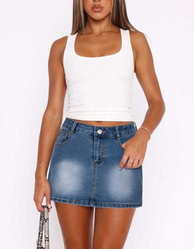 Jean Skirts for Women Denim - Casual Mid Waisted Stretch Short Mini Skirt