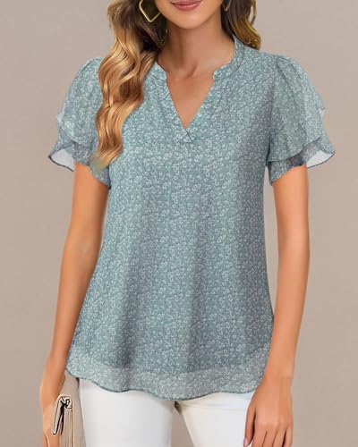 41oZ3RqB9nL.jpg Womens Dressy Chiffon Blouses Summer Puff Petal Short Sleeve Shirts V Neck Casual Work Tops