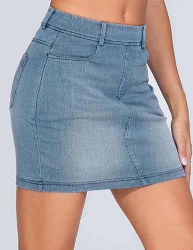 41osu6EahzL.jpg Women's High Waisted Mini Denim Skirts with Pockets Stretch Skinny Jean Bodycon Skirts