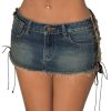 Women's Lace Up Side Bodycon Denim Mini Skirt Y2k Low Rise Frayed Hem Jean Skirts