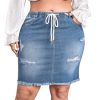 Women's Plus Size Denim Skirt High Waisted Elastic Drawstring Waist Raw Hem Ripped Vintage Short Jean Skirt