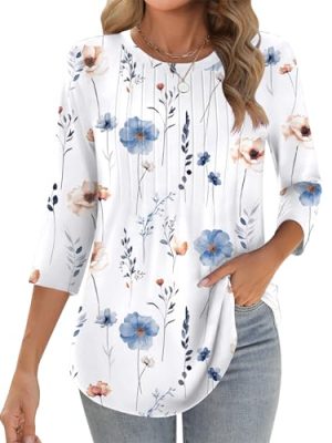 3/4 Length Sleeve Womens Tops Crew Neck Loose Fit Shirts Pleated Cute Clothes Dressy Casual 2025 Summer Tunics