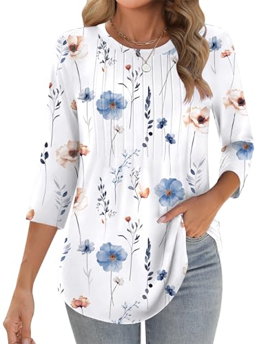 41pn6zrsazL.jpg 3/4 Length Sleeve Womens Tops Crew Neck Loose Fit Shirts Pleated Cute Clothes Dressy Casual 2025 Summer Tunics