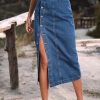 Women's Casual Slit Denim Midi Jean Skirt Stretch High Waisted Button Up Frayed with Pockets