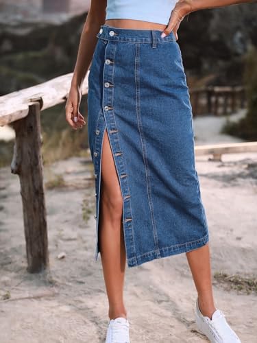 Women's Casual Slit Denim Midi Jean Skirt Stretch High Waisted Button Up Frayed with Pockets