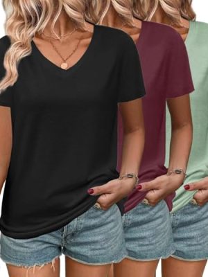 3 Pack Women's T Shirts Short Sleeve Basic Tees, 2025 Spring Summer Clothing V Neck Casual Tops Trendy Outfits
