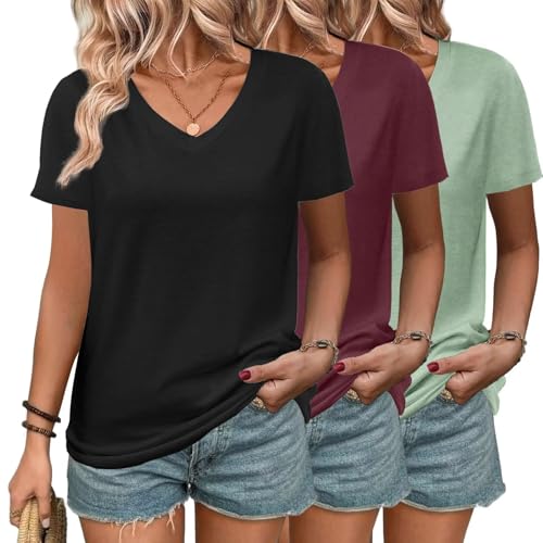 3 Pack Women's T Shirts Short Sleeve Basic Tees, 2025 Spring Summer Clothing V Neck Casual Tops Trendy Outfits