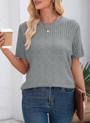 41qiG9CrDLL.jpg Womens Summer Tops Dressy Casual Crewneck Short Sleeve Shirts Solid Hollow Out Knit Loose Sweater Blouses