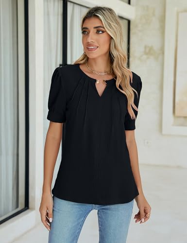 41qzIrHg1gL.jpg Womens Dressy Casual Tops Keyhole Business Work Blouses Pleated Puff Sleeve Summer Shirts