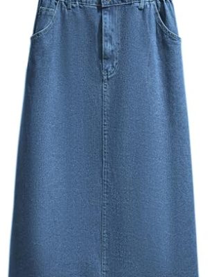 Women's Summer Casual Elastic Waist Pockets Work Midi Denim A Line Skirt