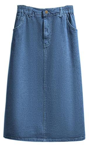 Women's Summer Casual Elastic Waist Pockets Work Midi Denim A Line Skirt