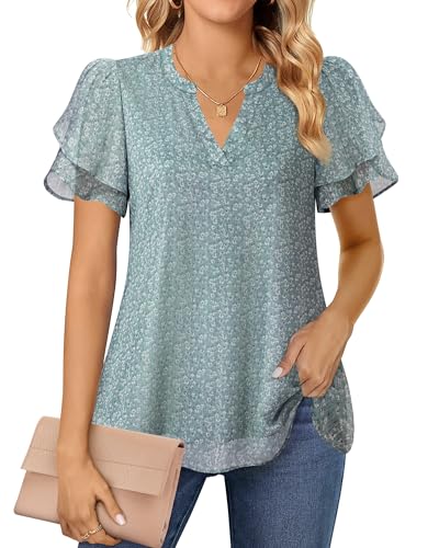 41rPu8hxivL.jpg Womens Dressy Chiffon Blouses Summer Puff Petal Short Sleeve Shirts V Neck Casual Work Tops