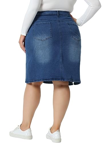 Plus Size Denim Skirts for Women Classic Stretch Elastic Waist Side Split A Line Jean Skirt