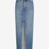 Women??s Maxi Denim Skirt ?C High Waisted Stretch Jean Skirt with Front Slit ?C Medium Wash