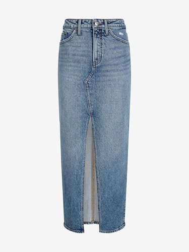 Women??s Maxi Denim Skirt ?C High Waisted Stretch Jean Skirt with Front Slit ?C Medium Wash