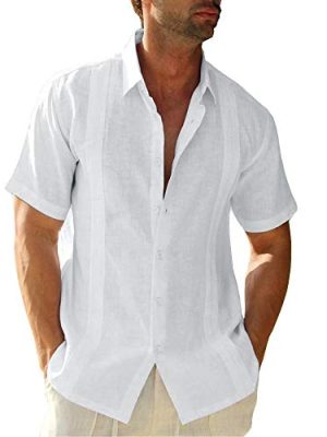 Mens Short Sleeve Cuban Camp Guayabera Shirt Linen Cotton Hippie Beach Button Down Shirts