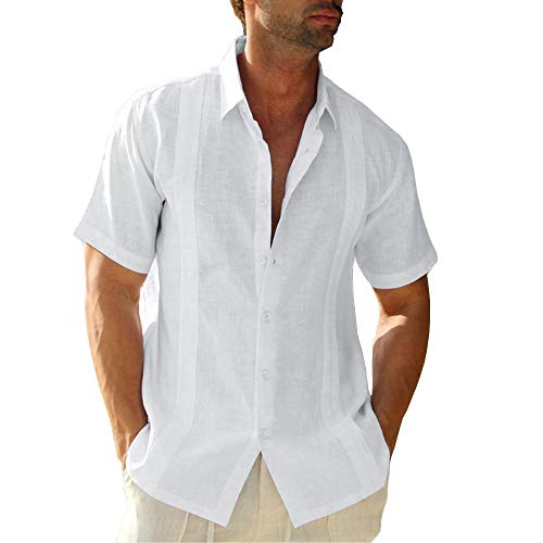41sXus0xH2L.jpg Mens Short Sleeve Cuban Camp Guayabera Shirt Linen Cotton Hippie Beach Button Down Shirts