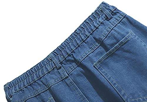 Women's Summer Casual Elastic Waist Pockets Work Midi Denim A Line Skirt