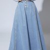 Women's Retro High Waisted Button Fly Flared Long Jean Skirts Pleated Flowy Swing A-line Denim Maxi Skirts