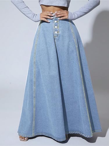 Women's Retro High Waisted Button Fly Flared Long Jean Skirts Pleated Flowy Swing A-line Denim Maxi Skirts