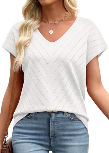 Short Sleeve Sweater for Women V Neck Trendy Summer Tops 2025 Beach Vacation Clothes Travel Business Casual Outfits