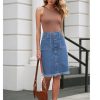 Jean Skirts for Women Button Down Distressed Raw Hem Casual Summer Stretchy Knee Length Denim Skirt with Pockets