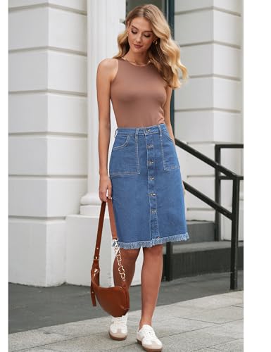 Jean Skirts for Women Button Down Distressed Raw Hem Casual Summer Stretchy Knee Length Denim Skirt with Pockets