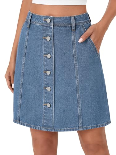 Women's Button Down High Waisted A Line Jean Mini Denim Skirt with Pockets