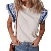 Womens Summer Ruffle Short Sleeve Top Crewneck T Shirts Floral Trim Casual Blouses