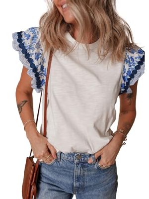 Womens Summer Ruffle Short Sleeve Top Crewneck T Shirts Floral Trim Casual Blouses