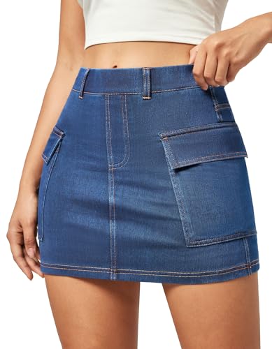 Jean Skirts for Women Denim High Stretch Cargo Skirt with Shorts Denim Skort Mini Jean Skort Y2k Skirt with Pockets