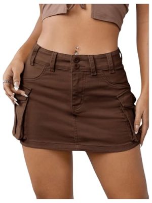 Women's Low Waist Button Bodycon Mini Cargo Denim Skirt with Pocket