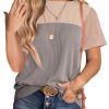 Womens Color Block Fashion Short Sleeve Crewneck Knitted Spring Summer Casual Loose T Shirts Tops