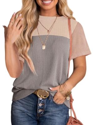 Womens Color Block Fashion Short Sleeve Crewneck Knitted Spring Summer Casual Loose T Shirts Tops