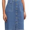 Jean Skirts for Women Button Down Distressed Raw Hem Casual Summer Stretchy Knee Length Denim Skirt with Pockets