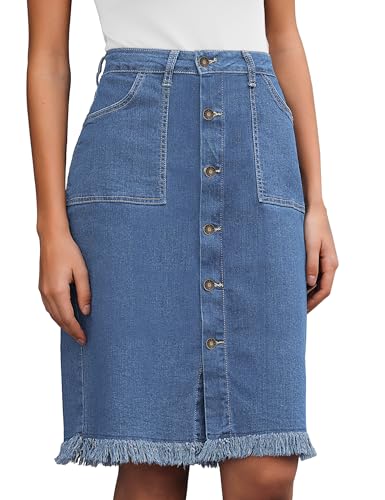 Jean Skirts for Women Button Down Distressed Raw Hem Casual Summer Stretchy Knee Length Denim Skirt with Pockets