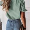 Women's Short Sleeve Casual T Shirts Summer Ruffle Plain Round Neck Loose Fit Tee Blouse Tops