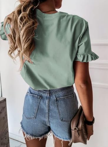 41vB27pwDL.jpg Women's Short Sleeve Casual T Shirts Summer Ruffle Plain Round Neck Loose Fit Tee Blouse Tops
