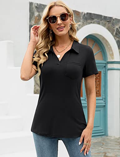 41vVh3YRZL.jpg Womens V Neck Polo Shirts Short Sleeve Collared Tops Loose Casual Tunic Blouses with Pocket