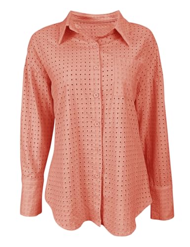 41w1zN7KlkL.jpg Women's Casual Button Down Shirts Dressy Hollow Out Long Sleeve Blouses Tops with Pockets