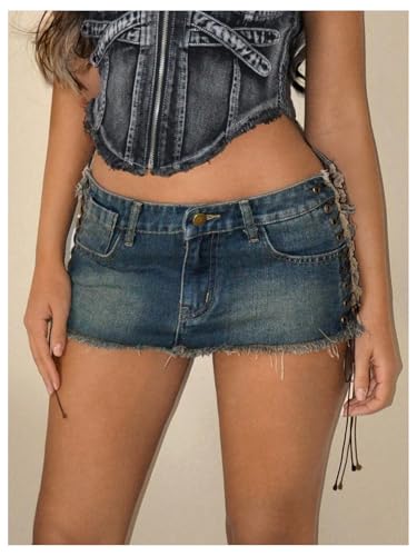 Women's Lace Up Side Bodycon Denim Mini Skirt Y2k Low Rise Frayed Hem Jean Skirts
