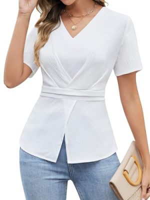 Womens Dressy Business Casual Blouse Pleated V Neck Tops Trendy Smocked Work Shirt Summer Outfit 2025