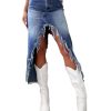 Womens' High Waist Midi Stylish Raw Hem Split Asymmetrical Wash Denim Skirt